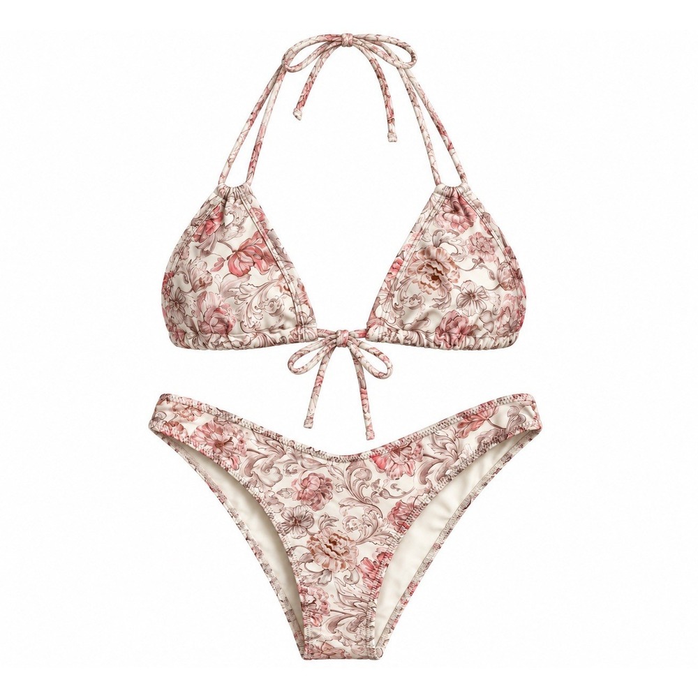 Montce Bikini Set Sz M Floral Triangle Halter Tie Top Cheeky Bottom Ivory Pink